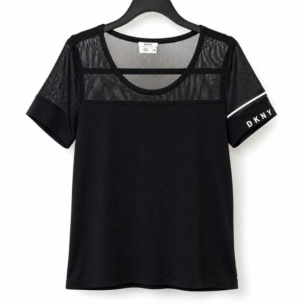 DKNY Black Sheer Mesh Panel Top | Minimal Athleisure Tee M